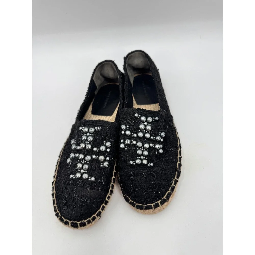 Tory Burch Espadrilles Women 6.5 Black Pearl Logo Tweed Slip On